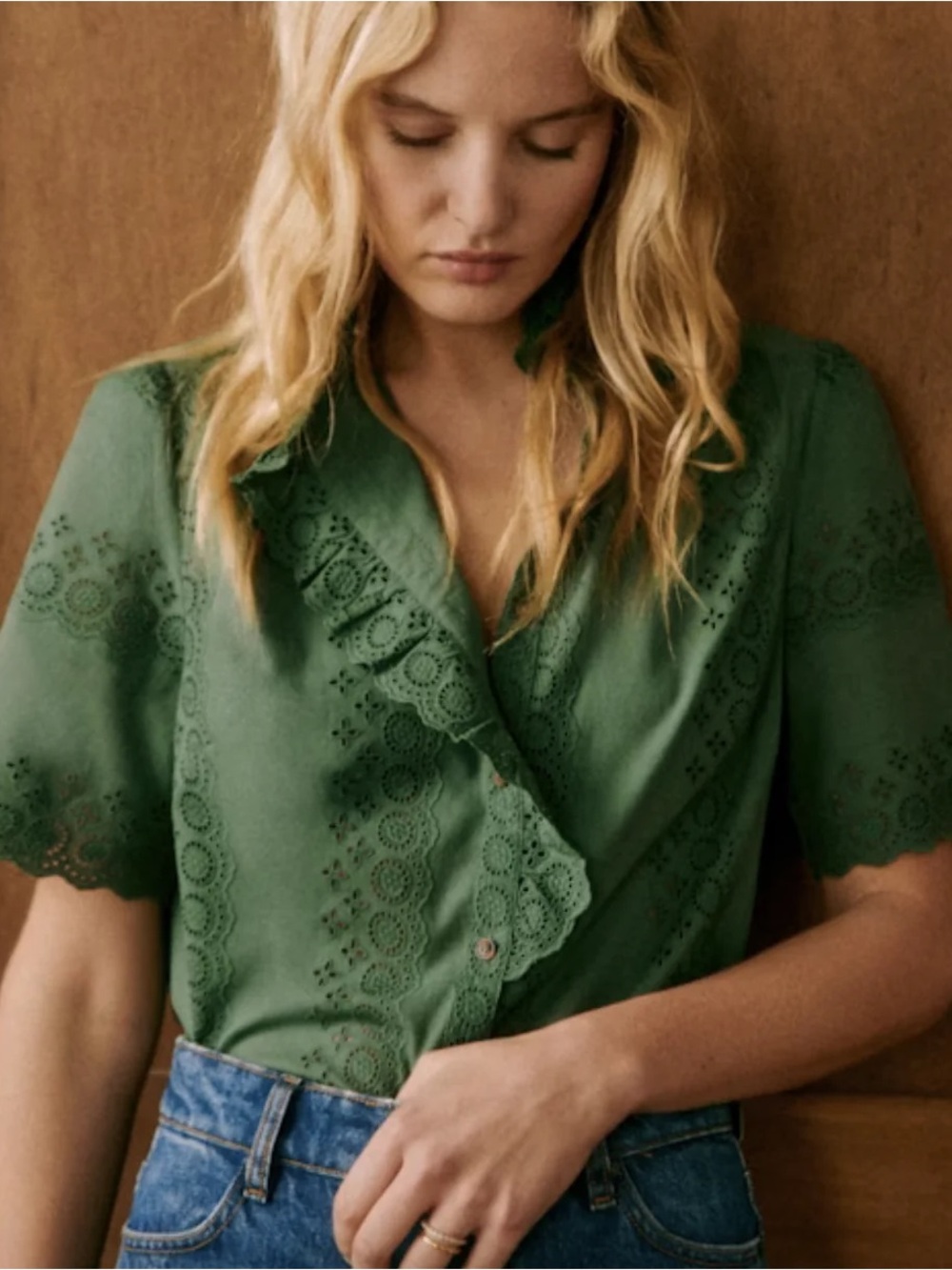 Sezane Dahlia Green Eyelet Ruffle Short Sleeve Blouse